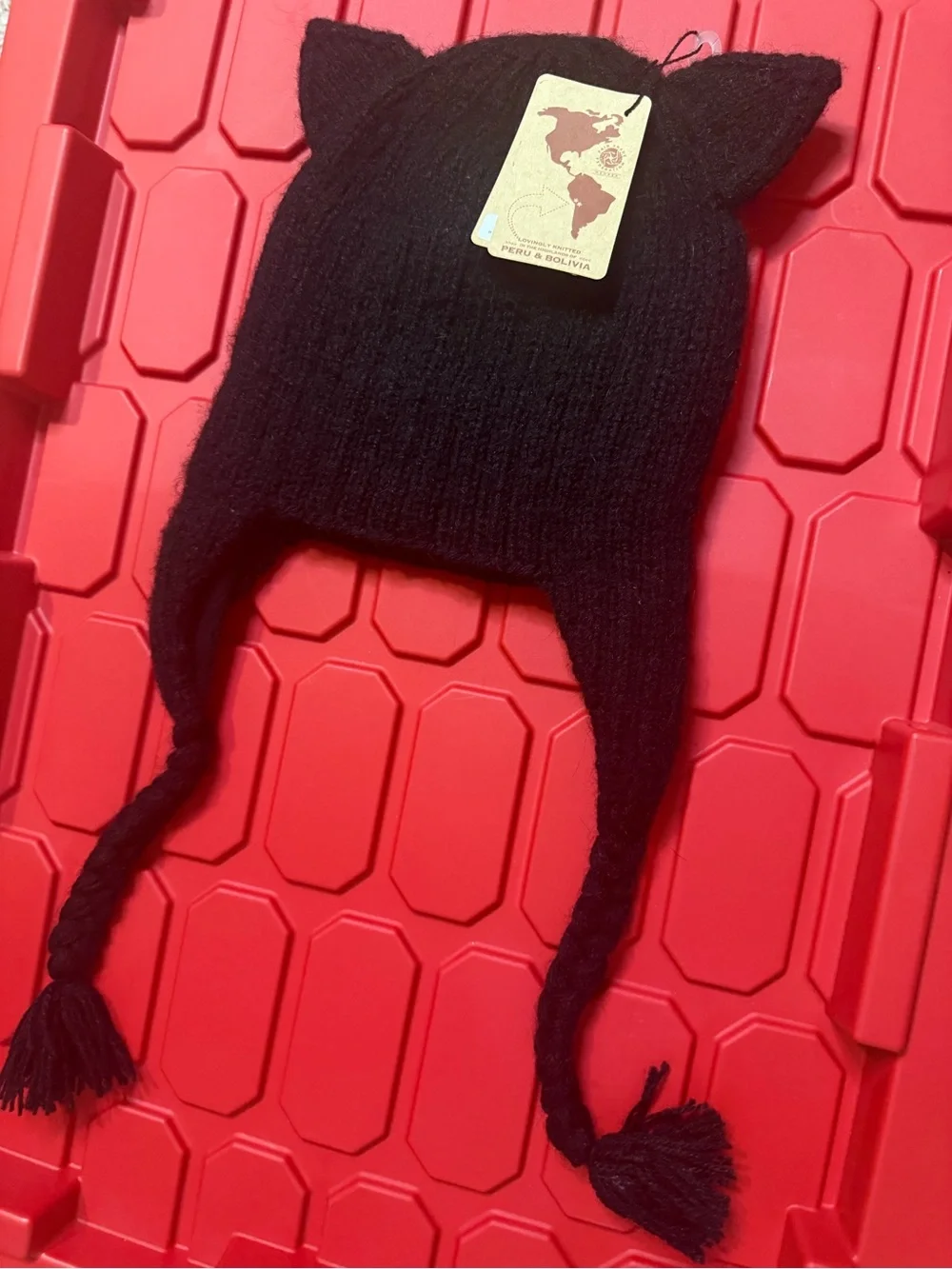 Kids Black Cat Ear Knit Hat with Pink Accents